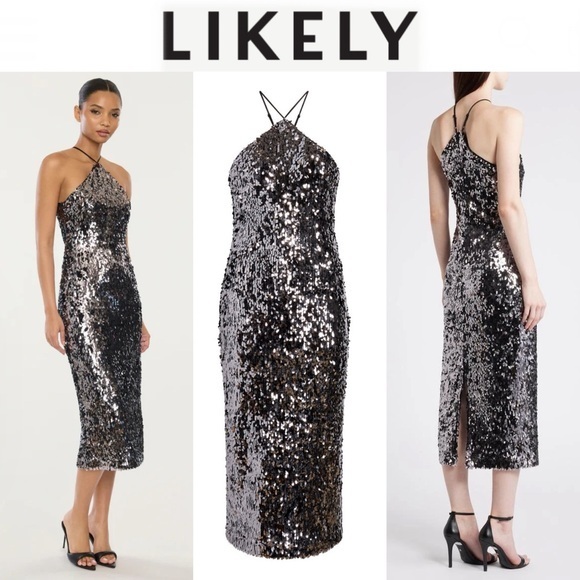 Likely Oriana Dress Black Silver Halter Sequin Midi Dress Sz 2 Nwt 348$